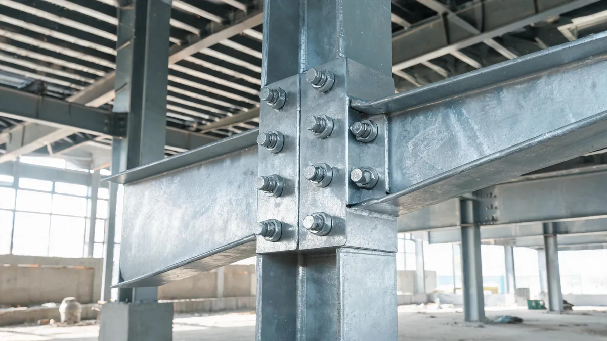 Bolted beam-to-column connections and purlins inside a steel building during erection