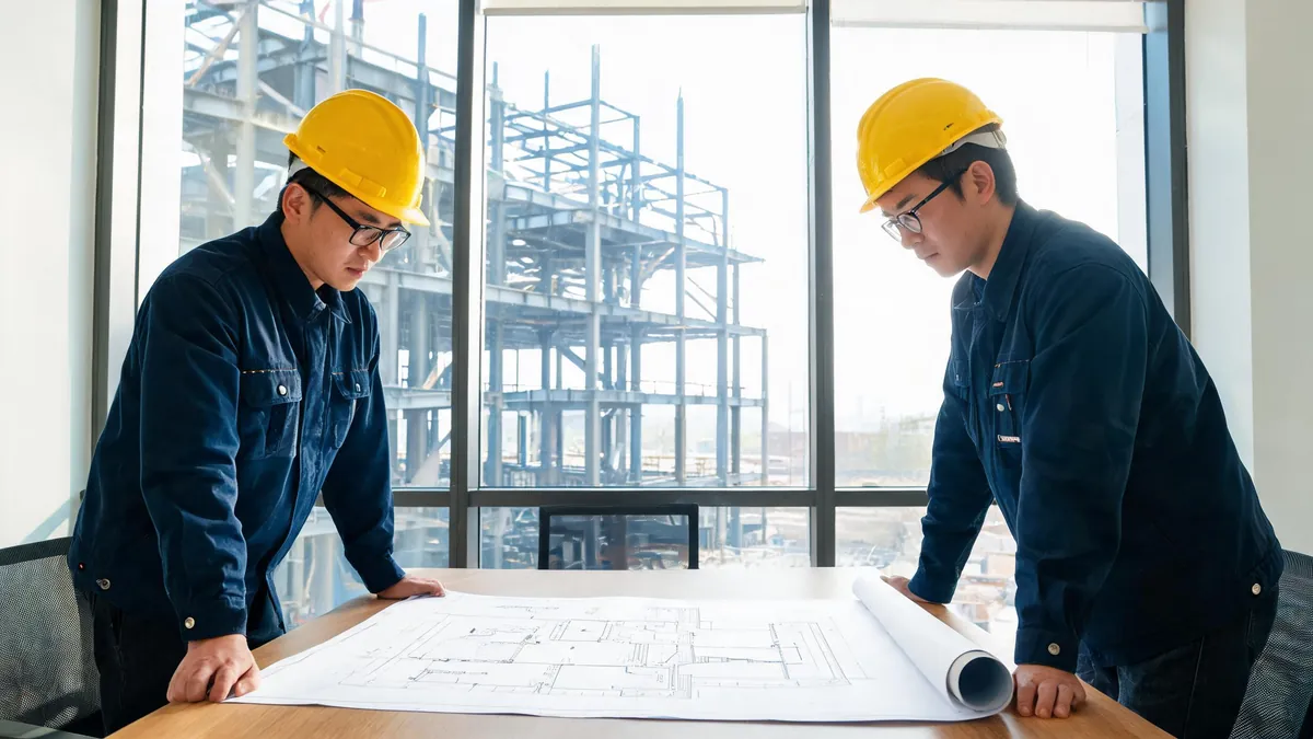 Engineers reviewing steel building layout drawings and quotation documents at a site office