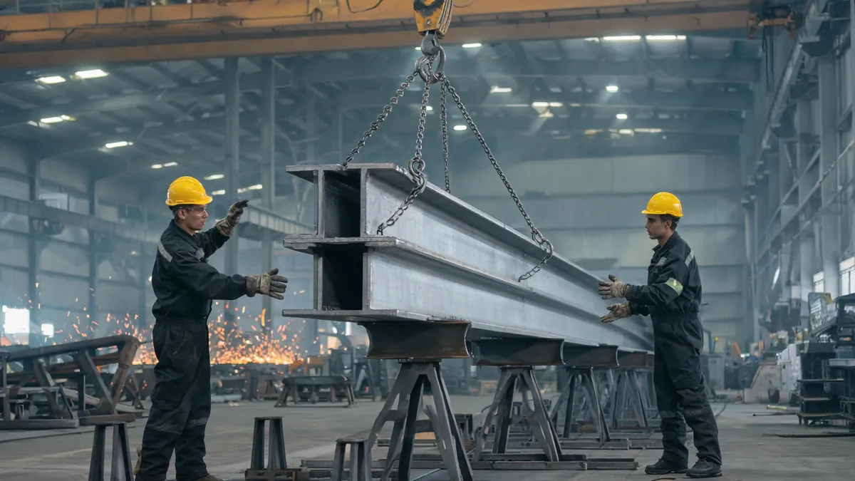Close-up of a hot rolled steel H-section beam being dimensionally checked with a caliper and tape measure in a fabrication workshop