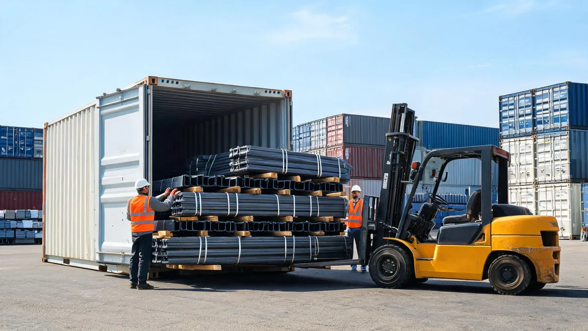 Bundled hot rolled steel sections being loaded into a 40 foot container with steel strapping and timber dunnage for export