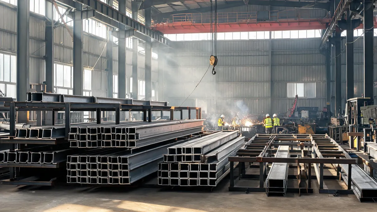 Rows of hot rolled H-section steel beams and columns stacked inside a steel fabrication workshop