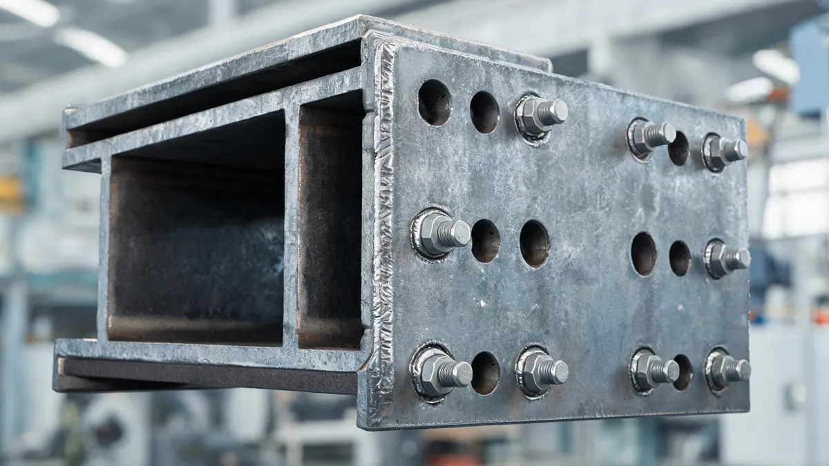 Hot rolled steel H-beam end plate connection with bolted joint during fabrication