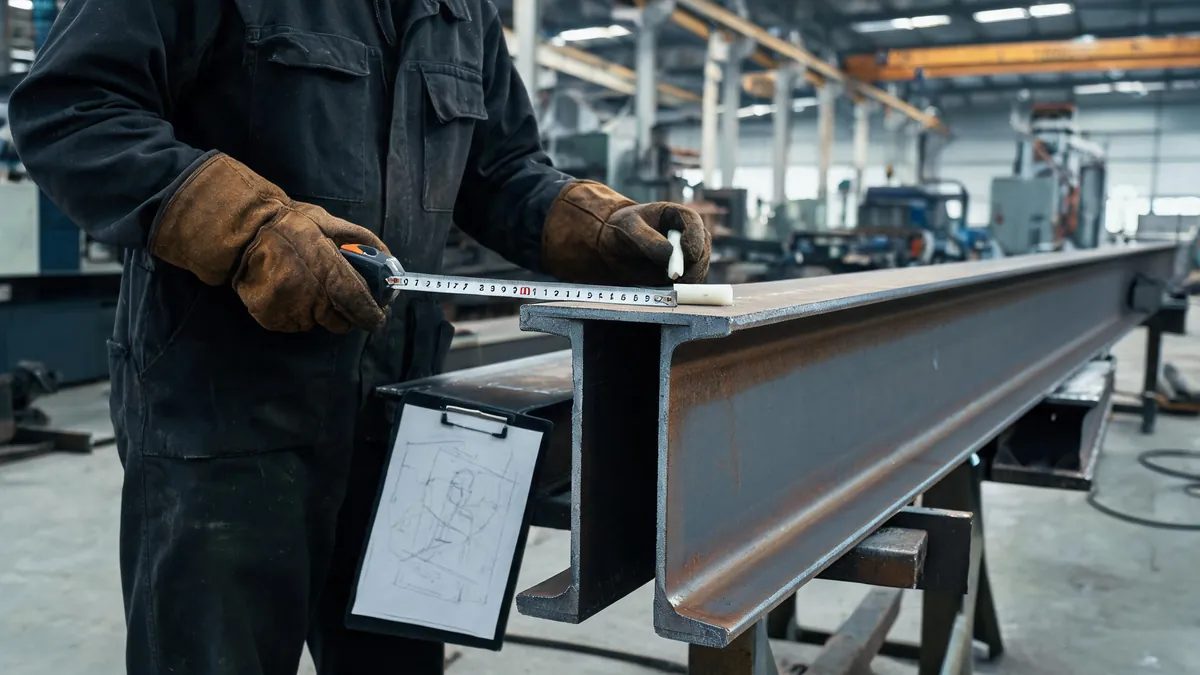 Steel fabricator measuring a hot rolled H-section beam against drawings in a workshop