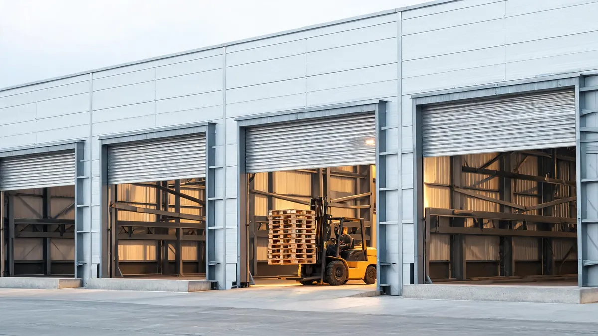 Roller shutter loading dock doors on the wall of a prefab steel warehouse with a forklift moving pallets