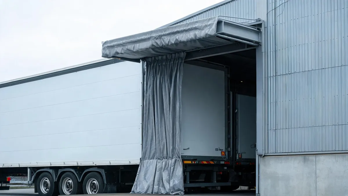 Dock shelter and canopy sealing a delivery truck at the loading dock of a steel warehouse