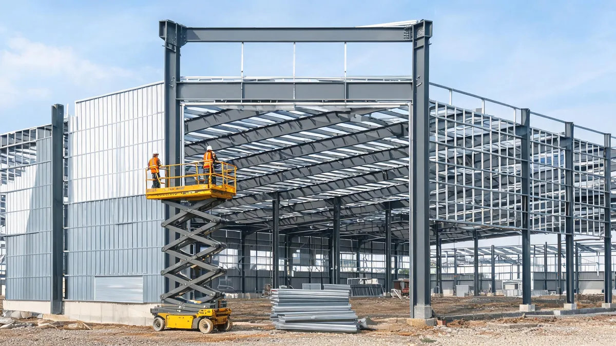 End wall frame of a steel warehouse with a large door opening framed by wind columns