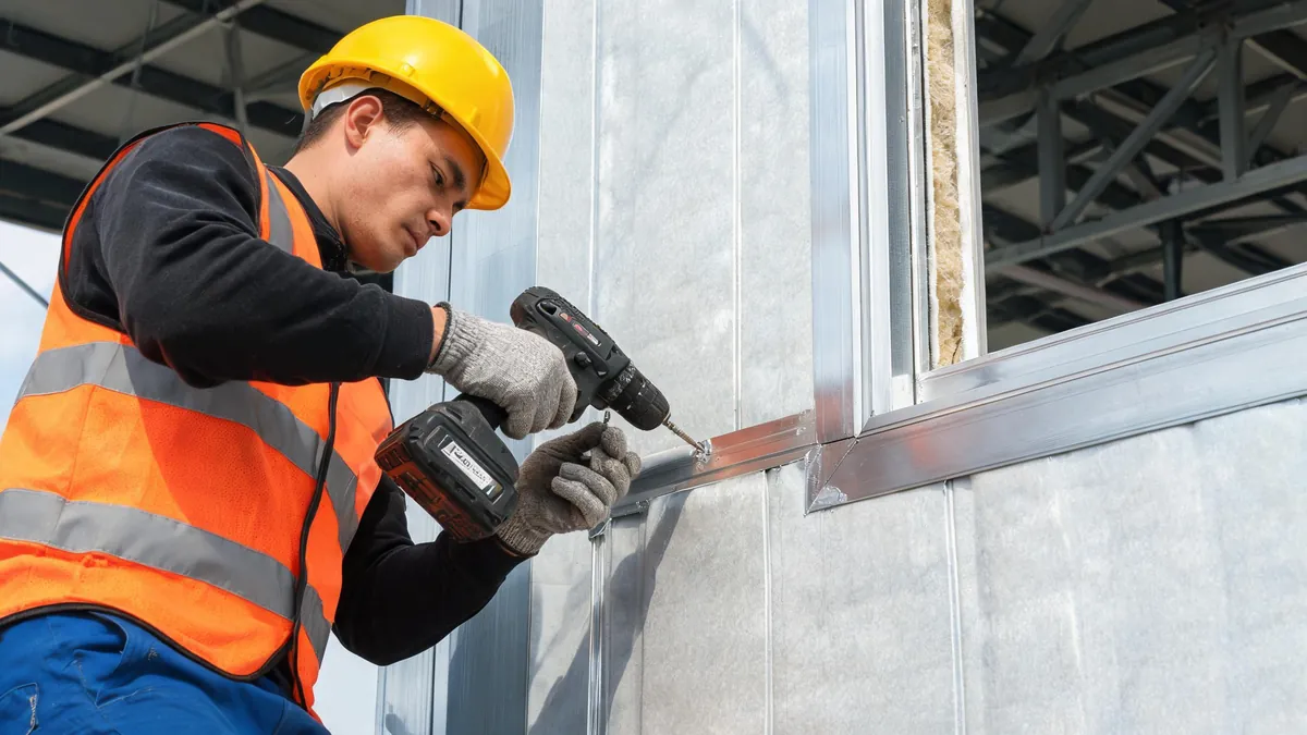 Worker installing insulated wall panels around a window cutout on a steel warehouse