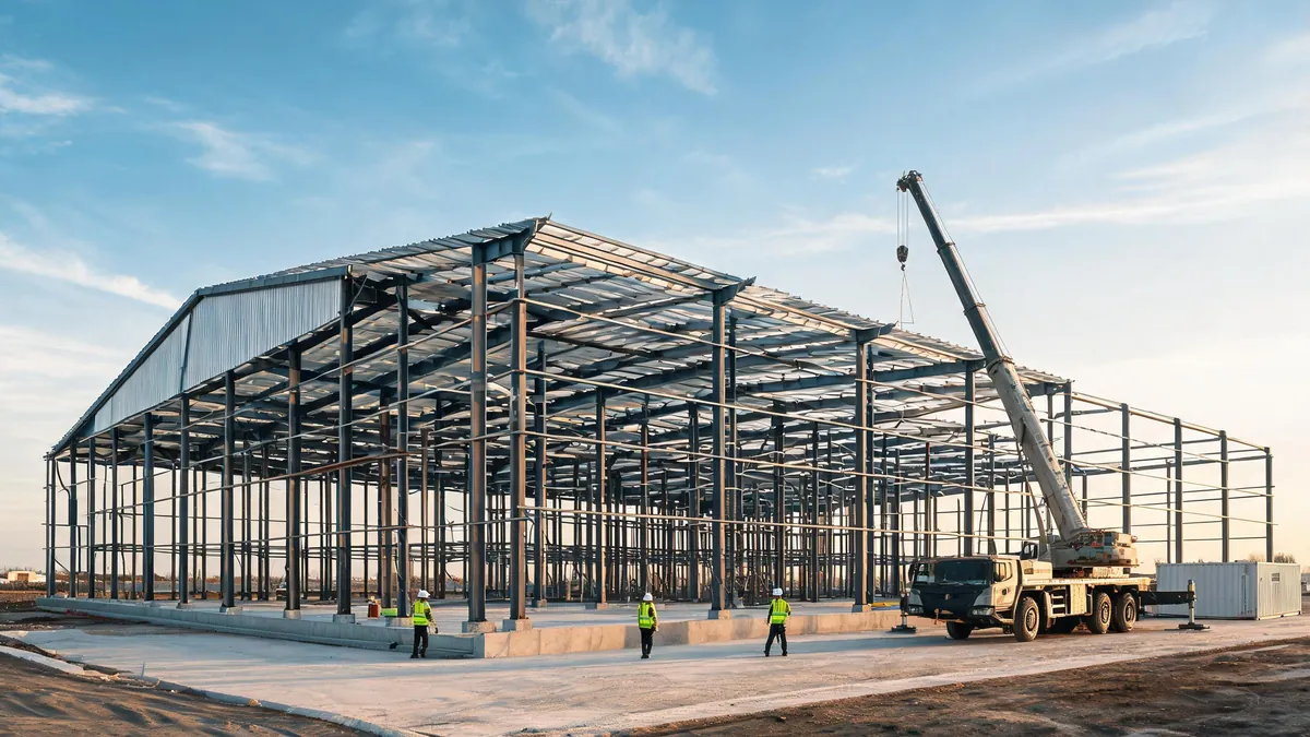 Prefabricated steel warehouse under erection with clear span portal frames and partially installed roof cladding