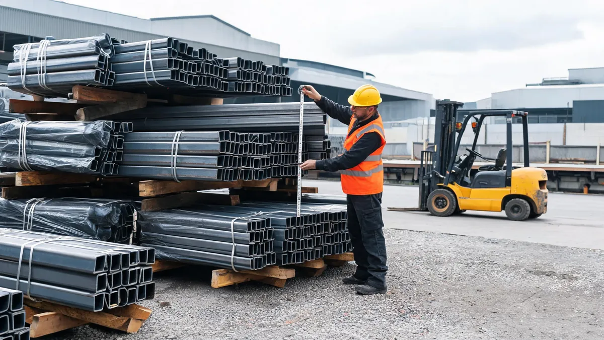 Bundled hot rolled steel columns and rafters stacked on bearers in a factory yard being measured before shipment