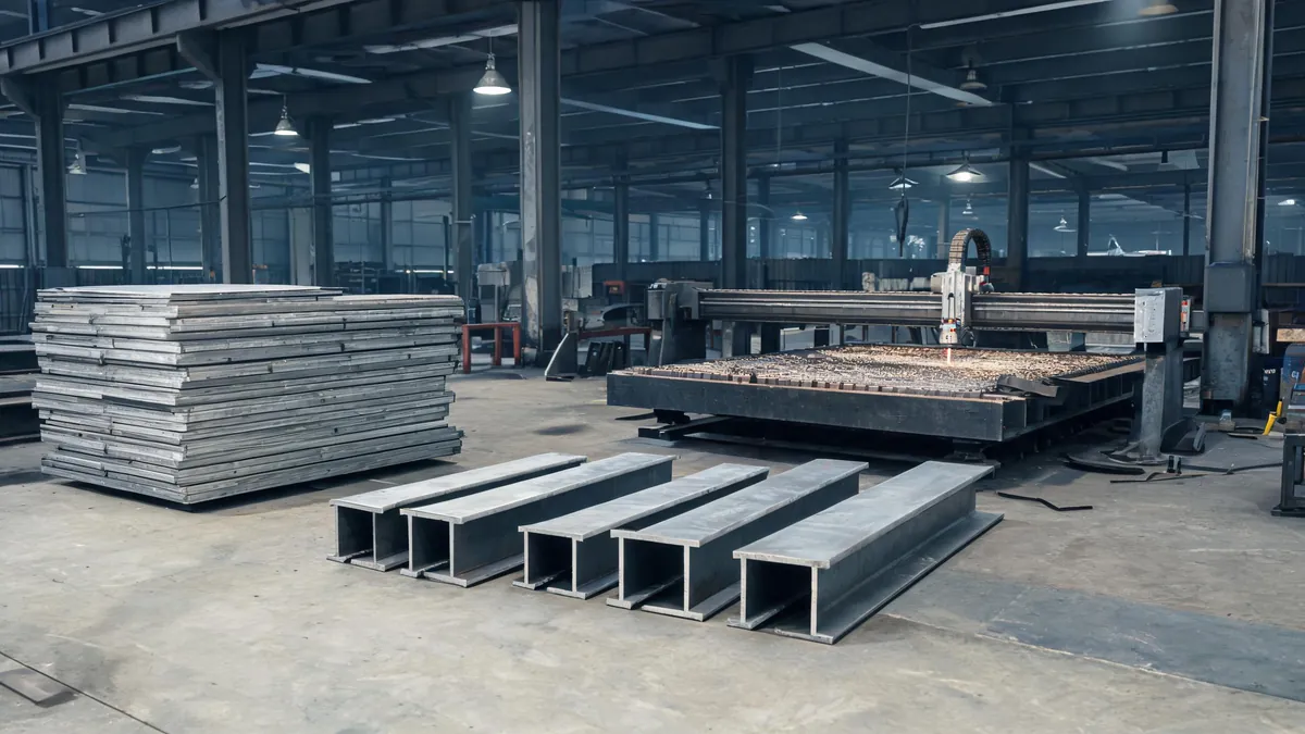 Stacked steel plates and cut H-section members beside a CNC plasma cutting table