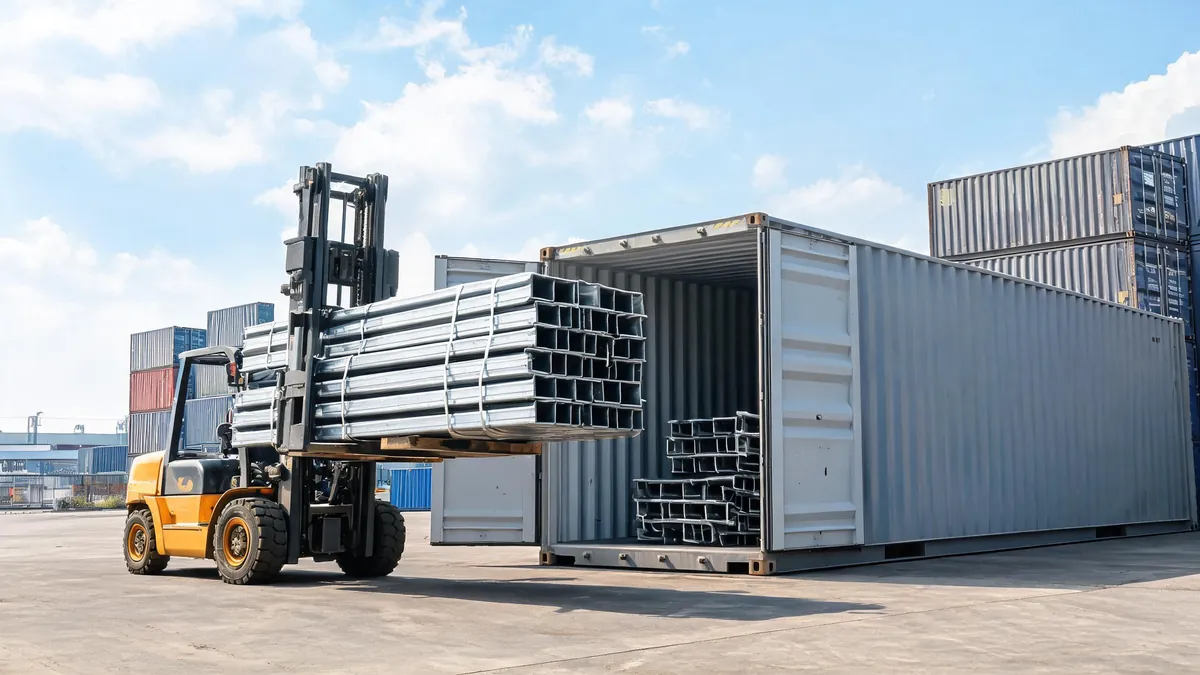 Bundled steel structure members being loaded into a shipping container in a factory yard