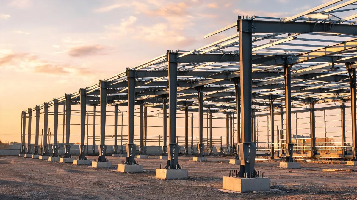 Steel portal frame building under construction with rafters and columns erected on concrete pad footings