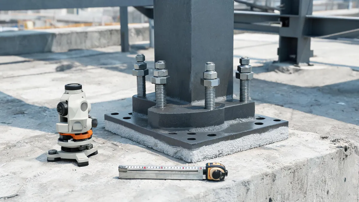 Column base plate bolted to a concrete foundation with anchor bolts on a steel portal frame project