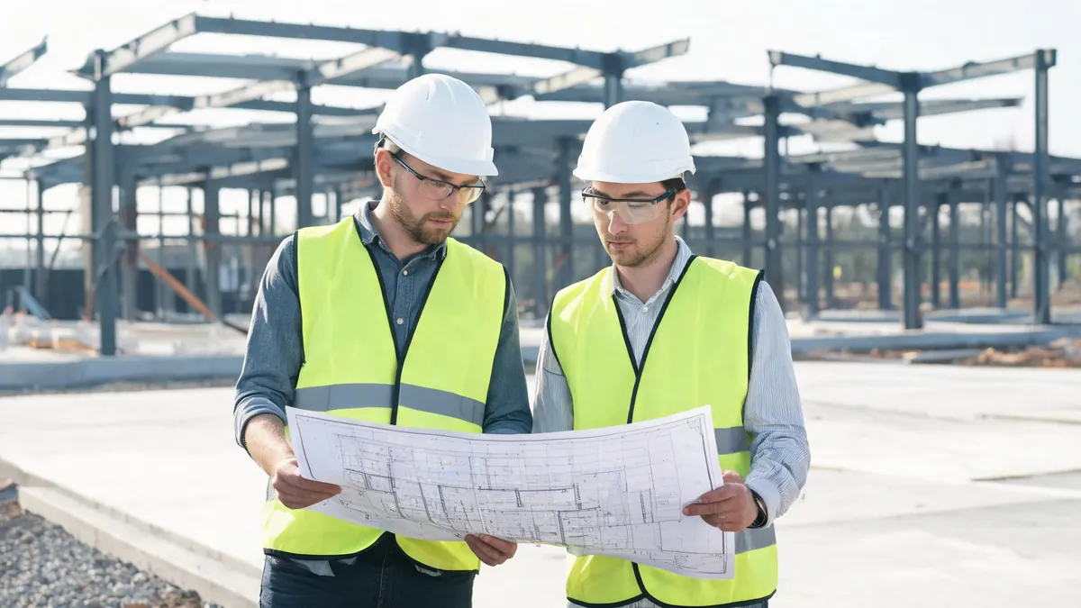 Two engineers reviewing a printed foundation layout drawing on site beside erected steel portal frames