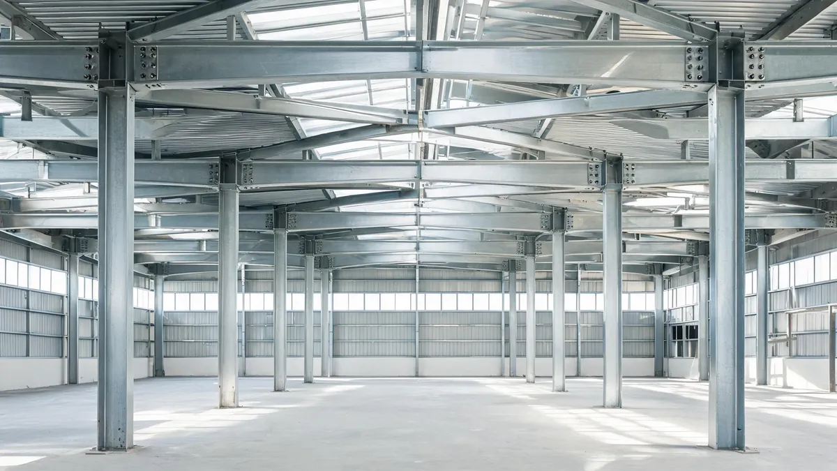 Building interior framed with rectangular hollow section steel columns and rafters with bolted end plates