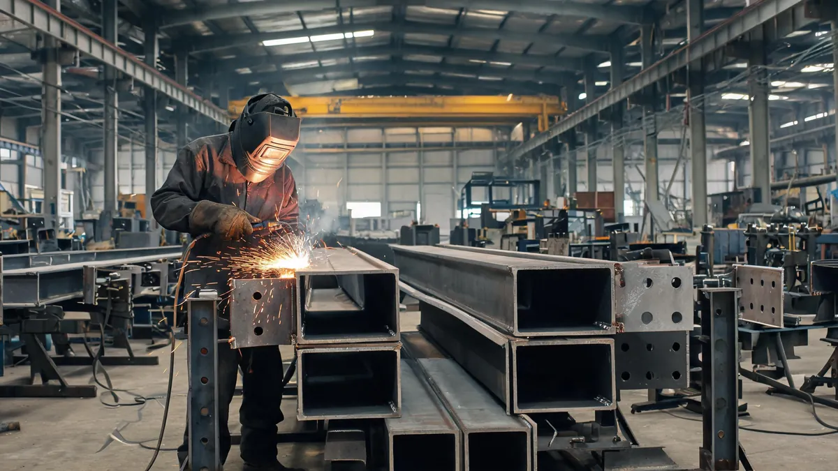 Hollow section steel frame members laid out for trial assembly in a fabrication workshop
