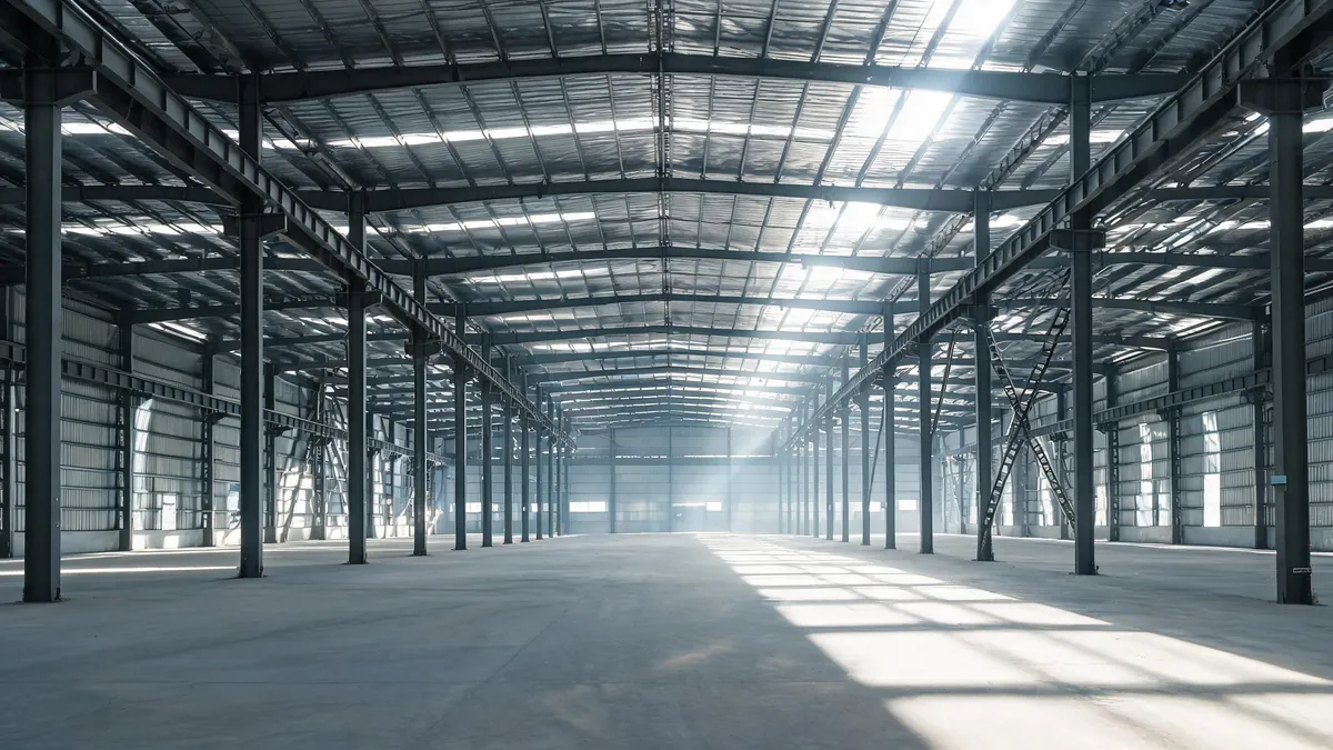Interior of a wide clear span steel portal frame warehouse with long rafters and slender columns