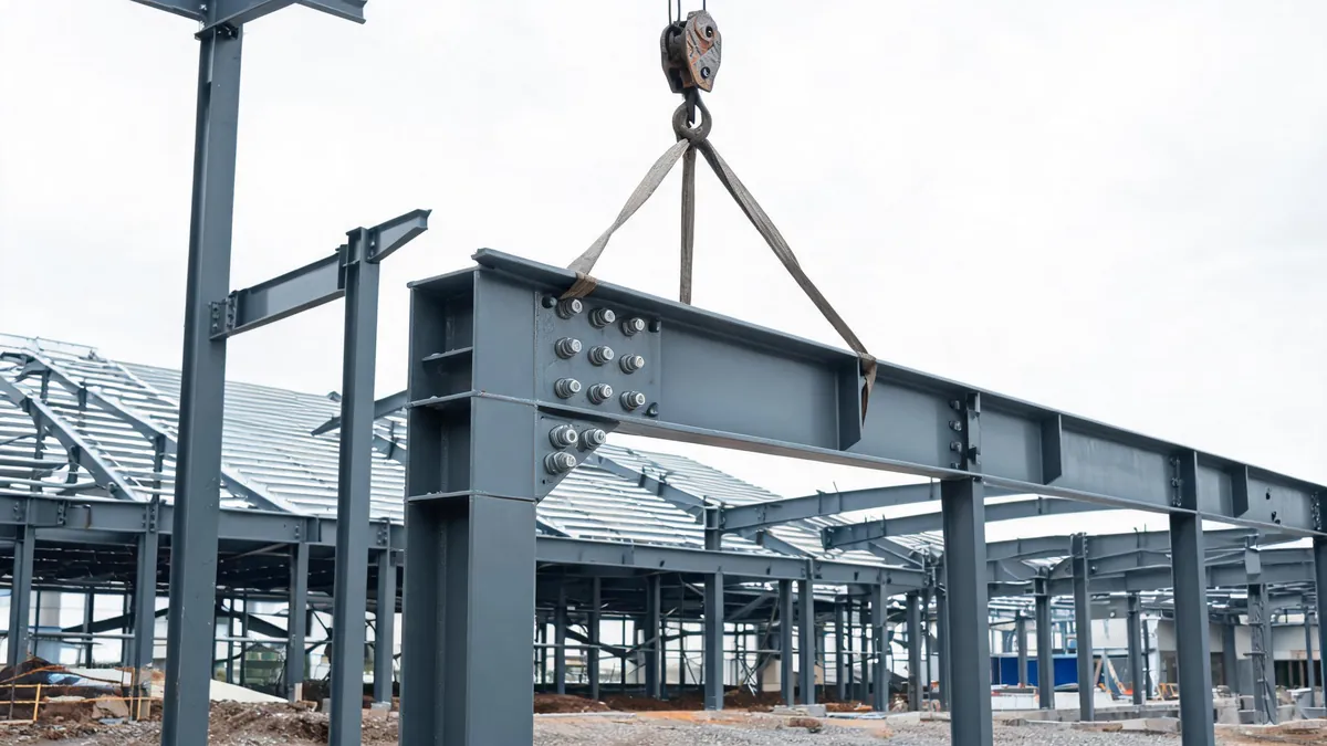 Steel portal frame haunch connection with end plates and bolts being erected on a construction site