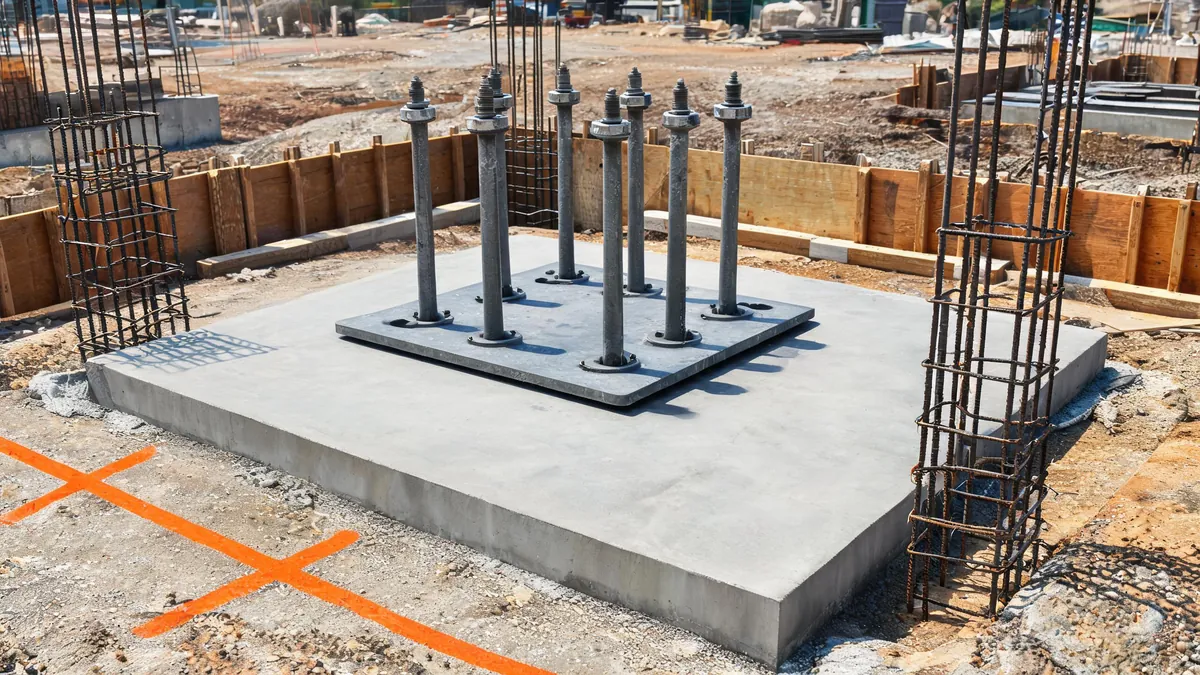 Cast-in anchor bolts and base plates set in a concrete foundation pad ready for a steel column