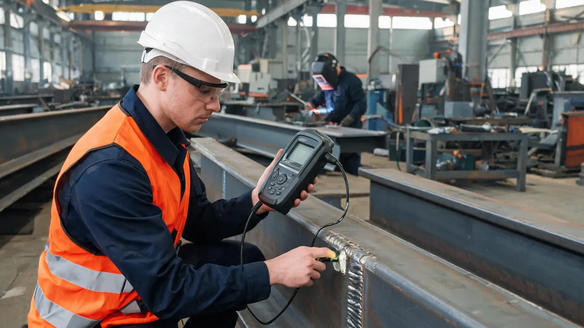 Ultrasonic testing of a welded steel beam joint by a QC inspector in a fabrication shop