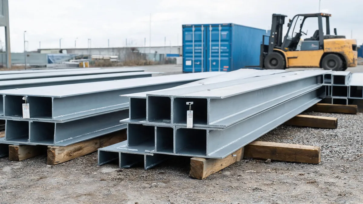 Blast-cleaned and painted steel structure members stacked in a factory packing yard