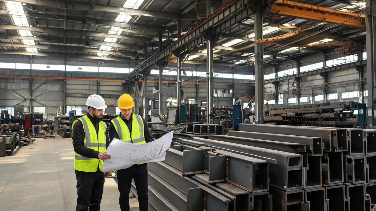 Quality inspector measuring a fabricated steel column in a steel structure fabrication workshop