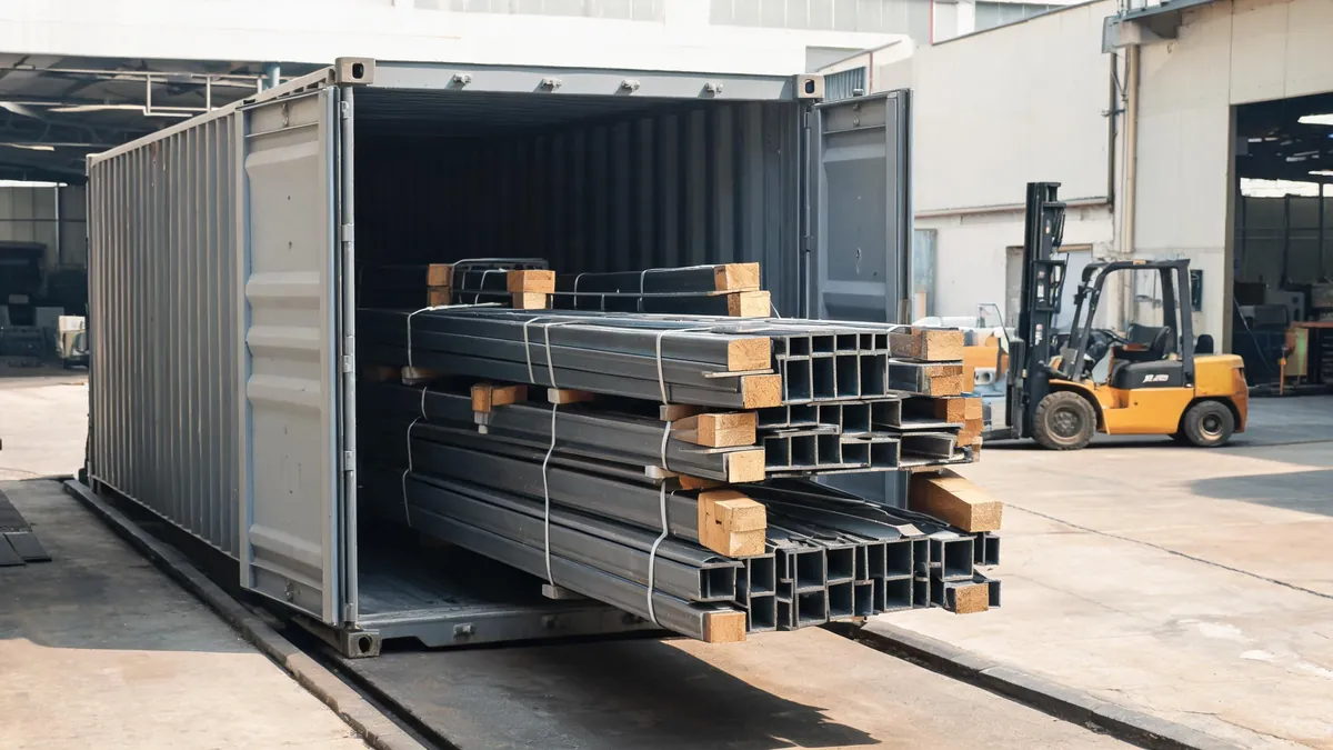 Steel structure members banded and loaded into an open shipping container at a factory loading bay