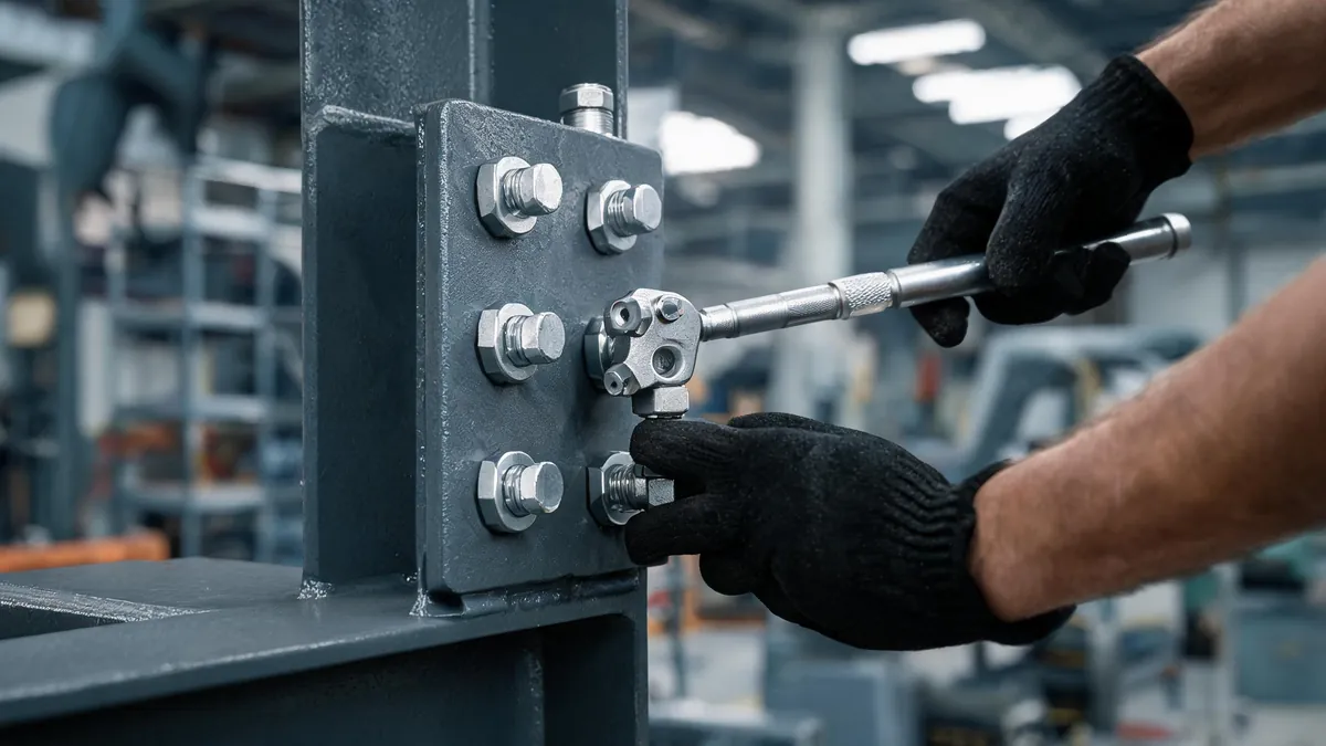 Inspector checking a bolted steel end plate connection with high strength bolts in a workshop