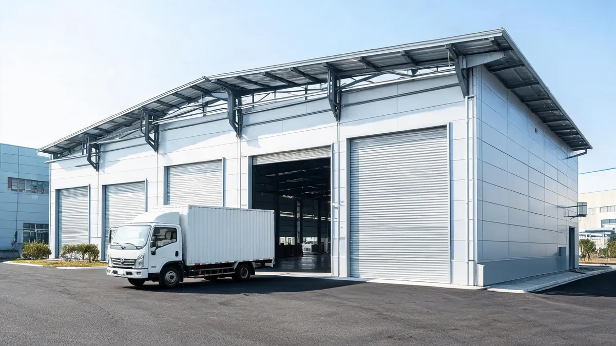 Modern steel workshop building with roller shutter doors in an industrial zone