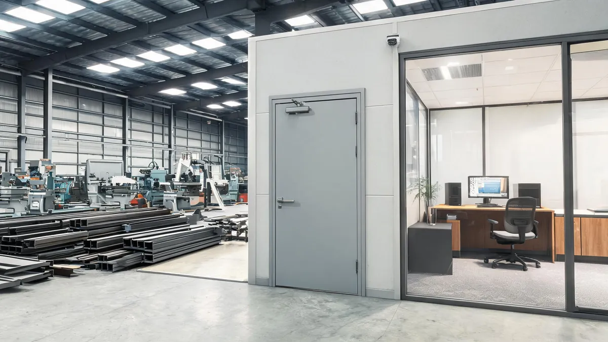 Fire-rated partition wall separating office and production areas inside a steel workshop