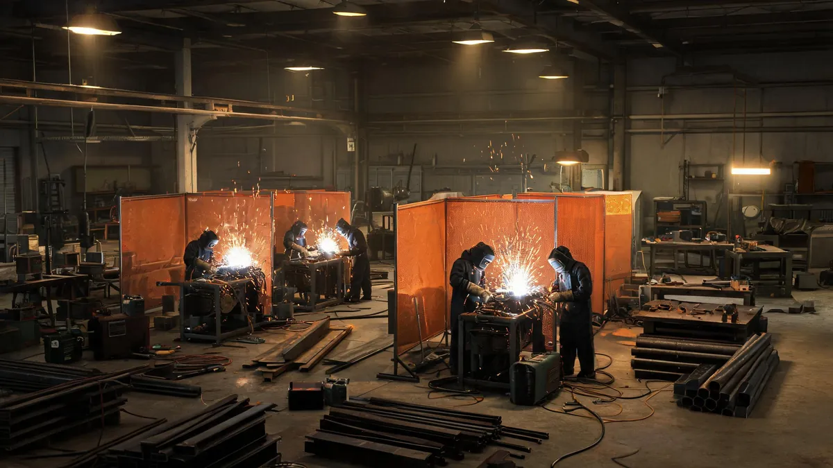 Welding stations with spark protection screens inside a metal fabrication workshop